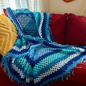 Handmade Blue Ombre Crochet Afghan Throw Blanket 67x67 Fringe